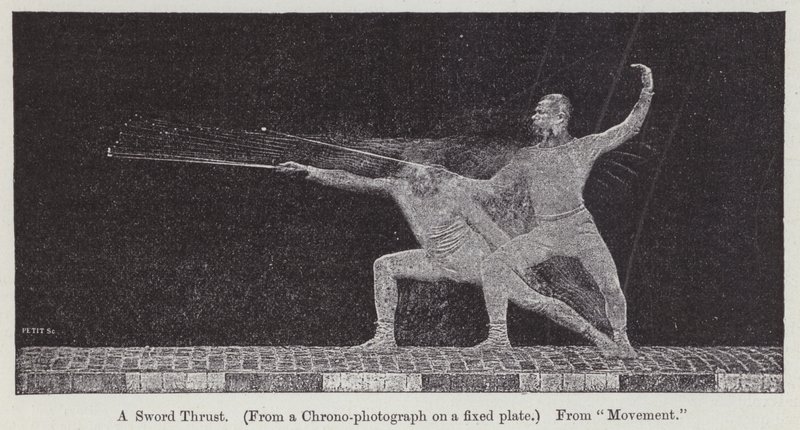 Chronofotografie, die die Bewegung eines Schwertstoßes zeigt (Gravur) von Etienne Jules Marey