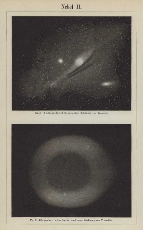 Ansichten des Andromedanebels und des Ringnebels im Sternbild Lyra (Gravur) von Étienne Léopold Trouvelot