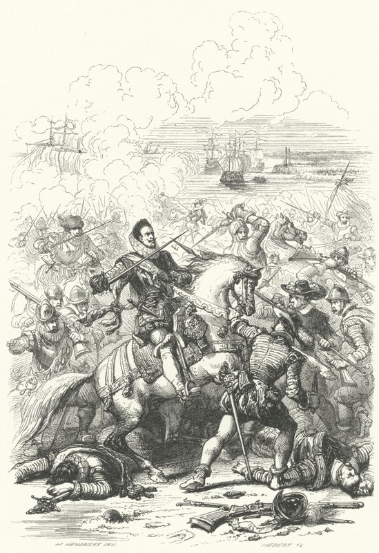 Erzherzog Albrecht VII. von Österreich, Gouverneur der Spanischen Niederlande, in der Schlacht von Nieuwpoort, 1600 von European School