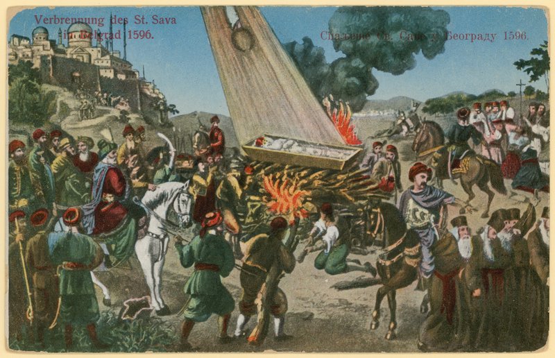 Osmanische Türken verbrennen die Überreste von St. Sava als Strafe für einen Aufstand der Serben, Belgrad, 1596 von European School