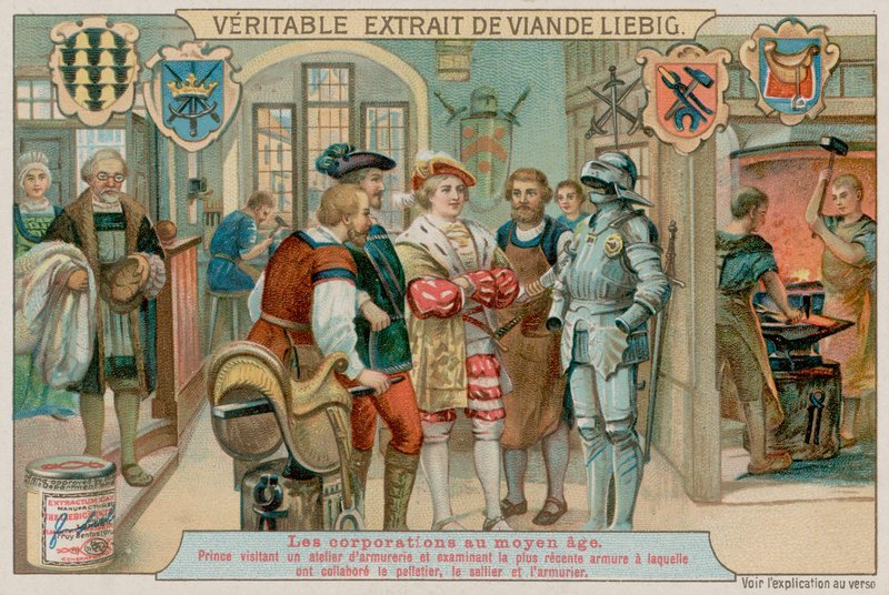 Ein Prinz besucht die Werkstatt eines Rüstungsmachers, um die Arbeit eines Kürschners, eines Sattlers und eines Rüstungsmachers zu inspizieren von European School