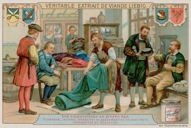 Ein Weber, Schneider, Hutmacher und Bortenmacher geben ihre Aufträge an einen Färber von European School