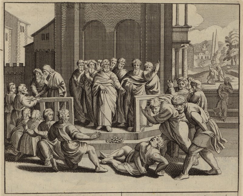 Ananias fällt tot um, nachdem er den Heiligen Geist belogen hat von European School