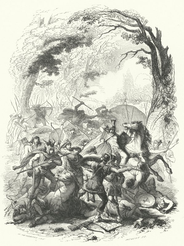Niederlage der römischen Armee unter Sabinus und Cotta durch die Gallier, 54 v. Chr. (Stich) von European School