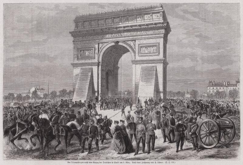 Deutsche Soldaten am Arc de Triomphe, Paris, nach dem Sieg im Deutsch-Französischen Krieg, 2. März 1871 von European School
