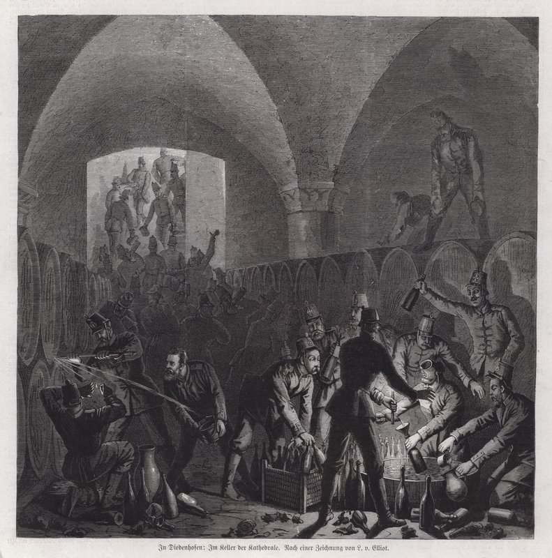 Deutsche Soldaten bedienen sich im Weinkeller der Kathedrale von Thionville, Frankreich, Deutsch-Französischer Krieg von European School