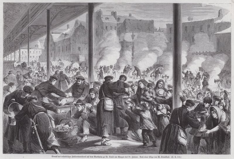 Hungrige Pariser betteln um Essen bei deutschen Soldaten auf dem Marktplatz von St. Denis nach dem Ende der Belagerung von Paris von European School