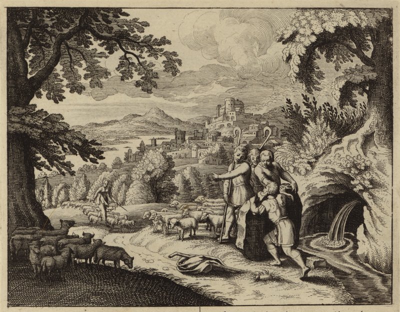 Jakob rollt den Stein vom Brunnenmund, um die Schafe Labans zu tränken (Gravur) von European School