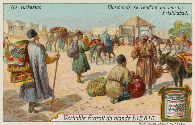 Händler auf dem Weg zu einem Markt in Aschgabat in Turkmenistan von European School