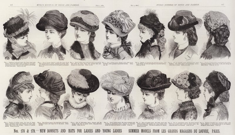 Neue Hüte und Hauben für Damen und junge Damen; Sommermodelle aus Les Grands Magasins Du Louvre, Paris von European School