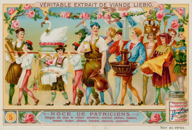 Vertreter verschiedener Handwerke: Weinhändler, Koch, Fischer, Jäger, Brauer, Schmied, Konditor, Weber, Metzger und Schuhmacher von European School