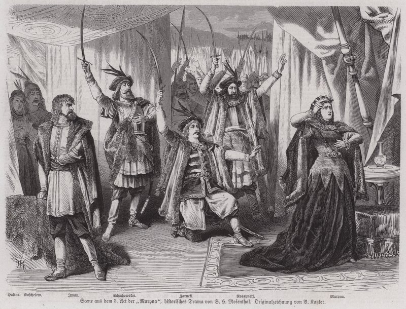 Szene aus dem dritten Akt des historischen Dramas Maryna von Salomon Hermann Mosenthal von European School