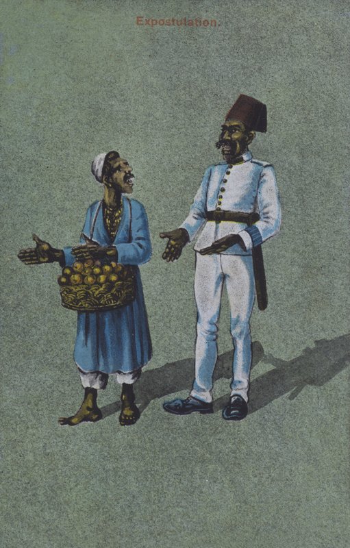 Straßenverkäufer in einem Streit mit einem Mann in Uniform von European School