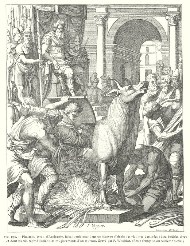 Der bronzene Stier: Folter- und Hinrichtungsinstrument durch Feuer, verwendet vom antiken griechischen Tyrannen Phalaris von Akragas (Agrigent), Sizilien von European School