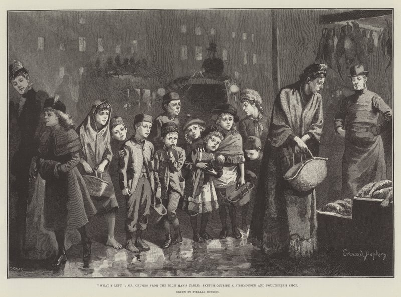 Was übrig bleibt; oder, Krümel vom Tisch des Reichen, Skizze vor einem Fischhändler- und Geflügelhändlerladen von Everard Hopkins