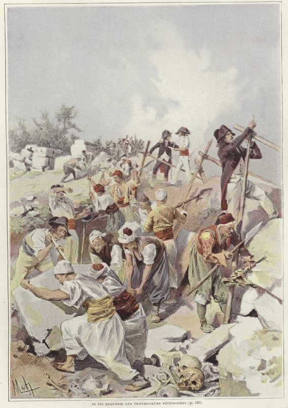 Soldaten und Zivilisten bauen eine Barrikade von Felicien baron de Myrbach Rheinfeld