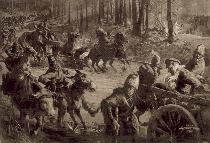 Deutsche Truppen mit Kriegsbeute und Gefangenen und erbeutetem Vieh von Felix Schwormstadt