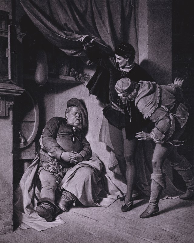 Szene aus Shakespeares König Heinrich IV., Teil 1 (Akt II, Szene 4) (Lithografie) von Ferdinand the Elder Piloty