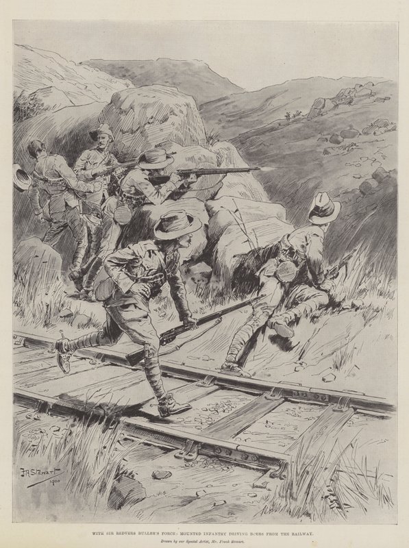 Mit Sir Redvers Bullers Truppe, berittene Infanterie vertreibt Buren von der Eisenbahn von Frank Algenon Stewart
