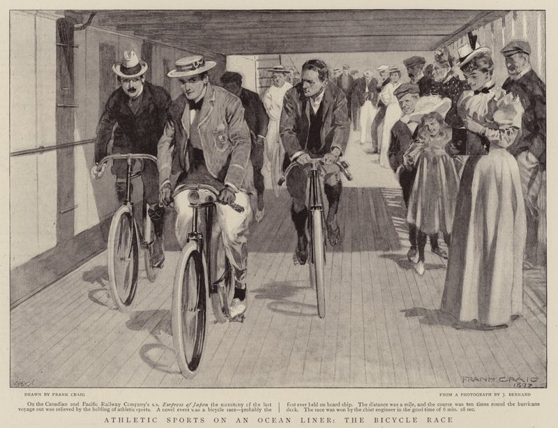 Sportliche Aktivitäten auf einem Ozeandampfer, das Fahrradrennen von Frank Craig