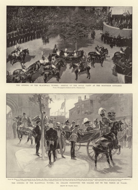 Die Eröffnung des Blackwall-Tunnels, Ankunft der königlichen Gesellschaft am nördlichen Eingang, Dr. Collins überreicht dem Prinzen von Wales den goldenen Schlüssel von Frank Craig