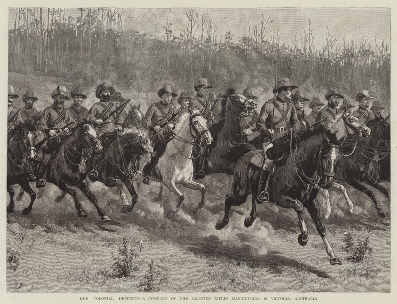 Unsere kolonialen Verteidigungen, eine Kompanie der berittenen Gewehre, die in Victoria, Australien, manövrieren von Frank Dadd