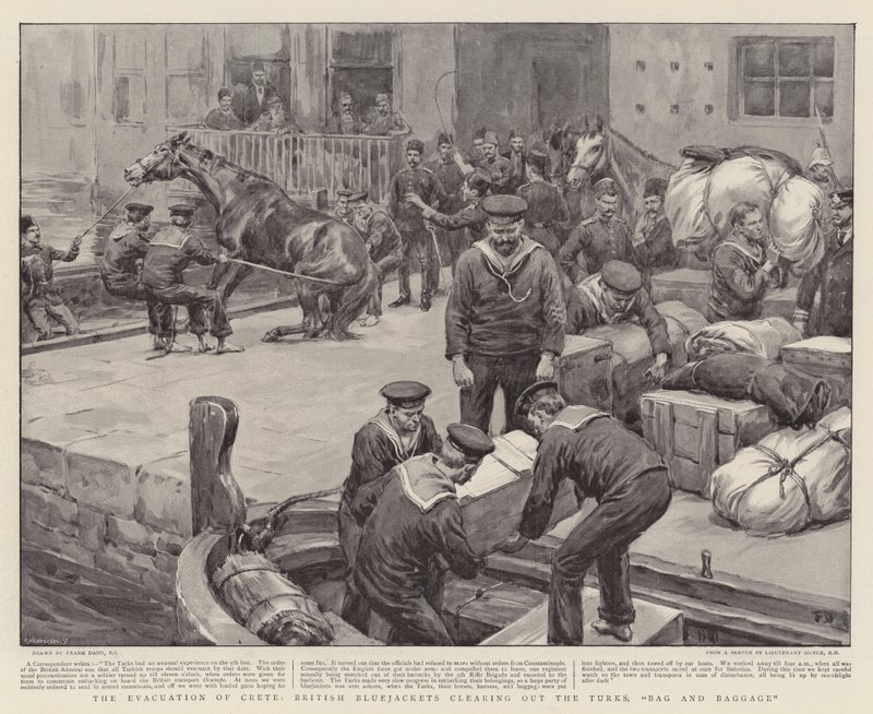 Die Evakuierung Kretas, britische Matrosen räumen die Türken aus, Sack und Pack von Frank Dadd