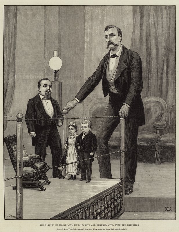 Die Pygmäen in Piccadilly, Lucia Zarate und General Mite, mit dem Aussteller von Frank Dadd
