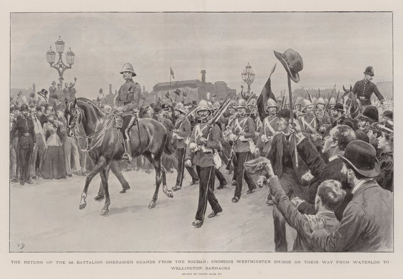 Die Rückkehr des 1. Bataillons der Grenadier Guards aus dem Sudan, Überquerung der Westminster Bridge auf dem Weg von Waterloo zu den Wellington Barracks von Frank Dadd