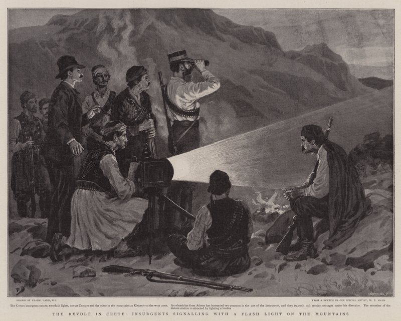Der Aufstand auf Kreta, Aufständische signalisieren mit einem Blitzlicht auf dem Berg von Frank Dadd