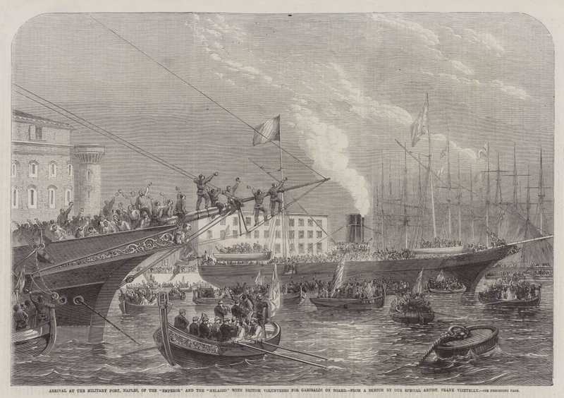 Ankunft im Militärhafen, Neapel, des Kaisers und der Melazzo mit britischen Freiwilligen für Garibaldi an Bord von Frank Vizetelly