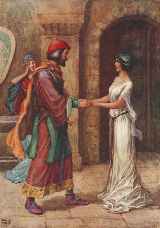 Geraldine und der Baron, aus „Christabel“ von Samuel Taylor Coleridge (Farblithografie) von Frank Adams