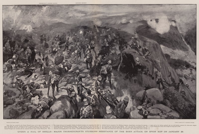 Unter einem Hagel von Granaten, Major Thorneycrofts hartnäckiger Widerstand gegen den Burenangriff auf Spion Kop am 24. Januar von Frank Craig