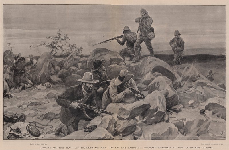 Erwischt auf dem Sprung, ein Vorfall auf dem Gipfel des Kopje bei Belmont, gestürmt von den Grenadier Guards von Frank Dadd