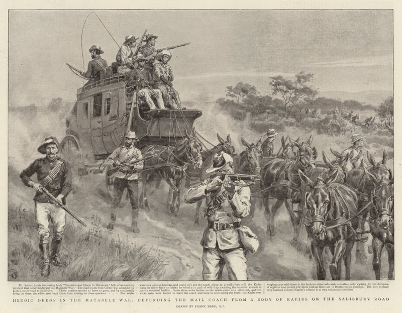 Heroische Taten im Matabele-Krieg, Verteidigung der Postkutsche gegen eine Gruppe von Kafirs auf der Salisbury Road von Frank Dadd