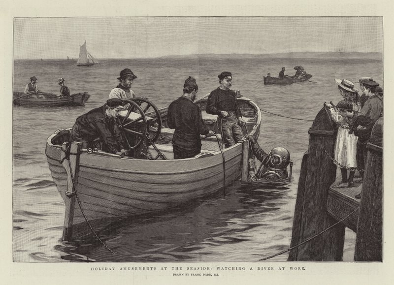 Ferienvergnügen am Meer, Beobachtung eines Tauchers bei der Arbeit von Frank Dadd