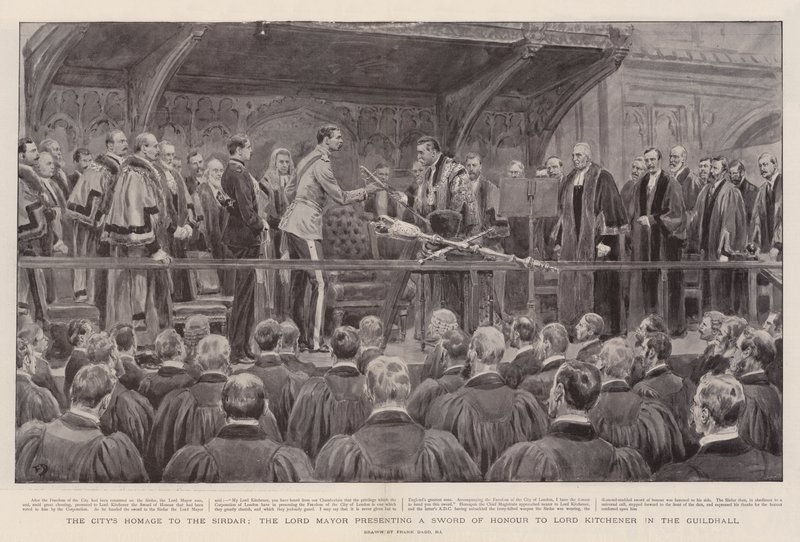Die Huldigung der Stadt an den Sirdar, der Lord Mayor überreicht Lord Kitchener ein Ehrenschwert in der Guildhall von Frank Dadd