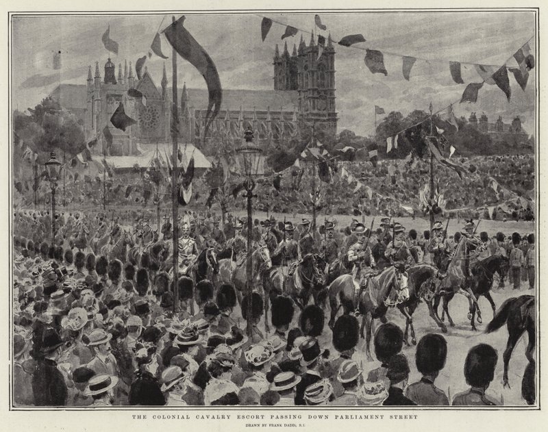 Die Kolonialkavallerie-Eskorte zieht die Parliament Street hinunter von Frank Dadd