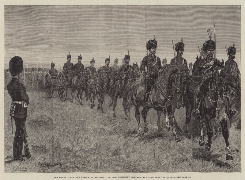Die große Freiwilligenparade in Windsor, die Honourable Artillery Company marschiert an der Königin vorbei von Frank Dadd