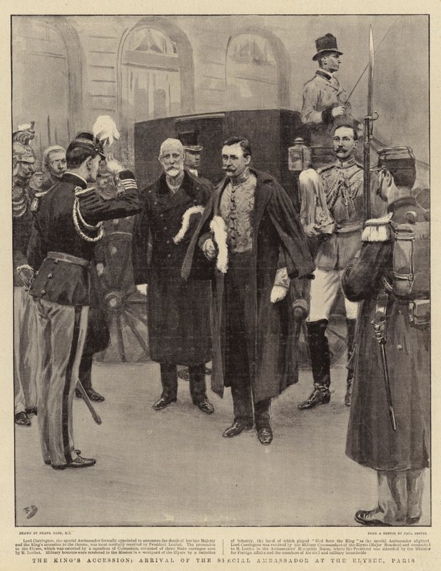 Die Thronbesteigung des Königs, Ankunft des Sonderbotschafters im Elysee, Paris von Frank Dadd