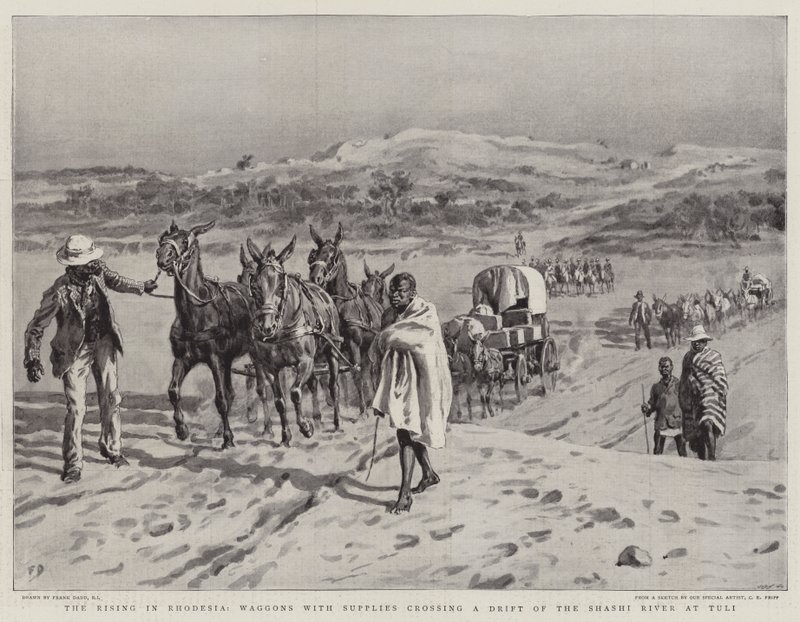 Der Aufstand in Rhodesien, Wagen mit Vorräten überqueren eine Furt des Shashi-Flusses bei Tuli von Frank Dadd
