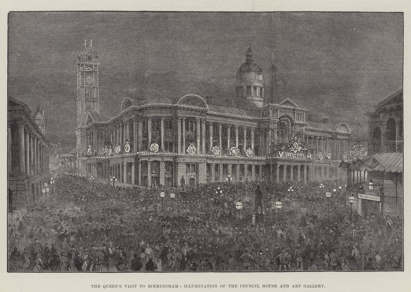 Der Besuch der Königin in Birmingham, Beleuchtung des Rathauses und der Kunstgalerie von Frank Watkins