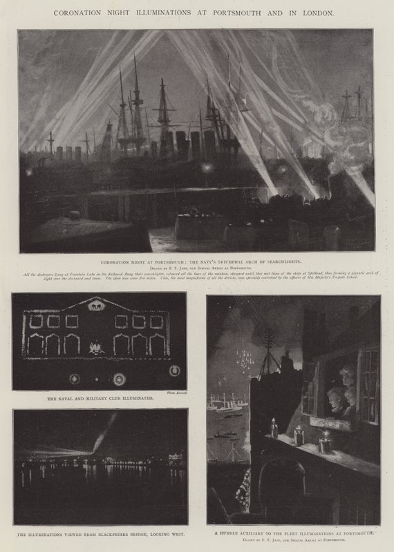 Krönungsnacht-Illuminationen in Portsmouth und London von Fred T. Jane