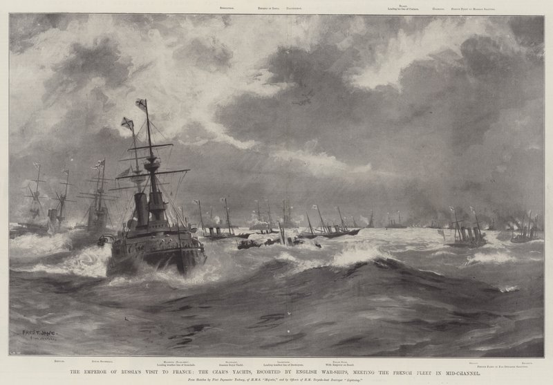 Der Besuch des Kaisers von Russland in Frankreich, die Yachten des Zaren, eskortiert von englischen Kriegsschiffen, treffen die französische Flotte im Ärmelkanal von Fred T. Jane