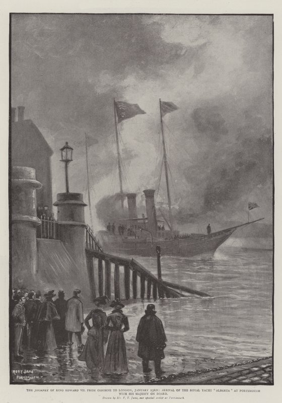 Die Reise von König Edward VII von Osborne nach London, 23. Januar, Ankunft der königlichen Yacht Alberta in Portsmouth mit Seiner Majestät an Bord von Fred T. Jane