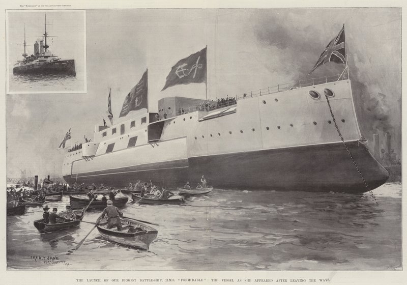 Der Stapellauf unseres größten Schlachtschiffs, HMS Formidable, das Schiff nach dem Verlassen der Werft von Fred T. Jane