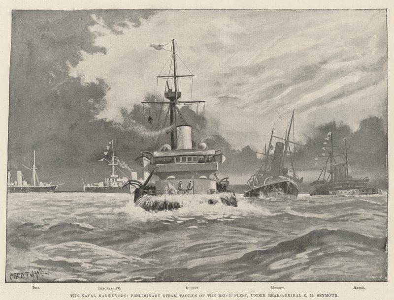 Die Marine-Manöver, Vorläufige Dampftaktiken der Roten B-Flotte, unter Konteradmiral E. H. Seymour von Fred T. Jane