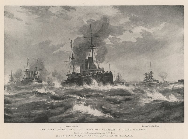 Die Marine-Manöver, X Flotte vor Guernsey bei schwerem Wetter von Fred T. Jane