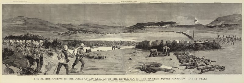 Die britische Position in der Schlucht von Abu Klea nach der Schlacht, 17. Januar, das kämpfende Quadrat rückt zu den Brunnen vor von Frederic Villiers
