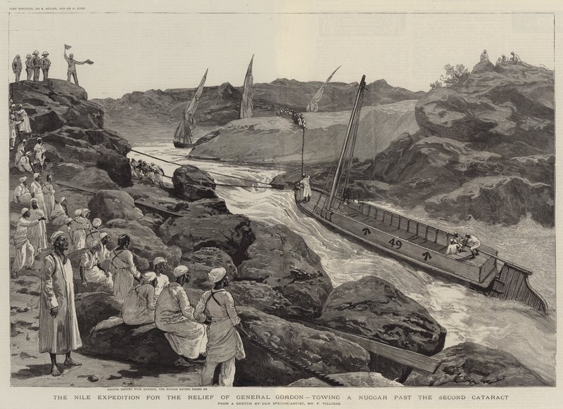 Die Nil-Expedition zur Rettung von General Gordon, ein Nuggar am zweiten Katarakt schleppend von Frederic Villiers